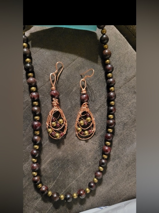 Jewelry - Handcrafted Copper Wire Teardrop Earrings and Beaded Necklace Set — Brown & Gold